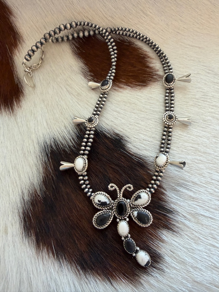 White Buffalo Dragonfly Squash Blossom 20” Desert Pearl ~ Matte Sterling 34gm